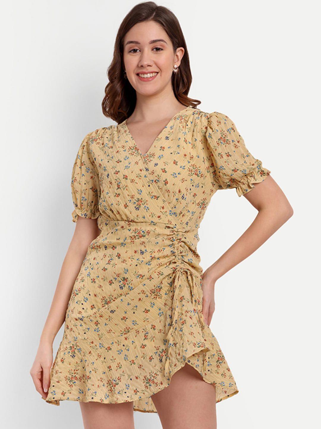 iki chic yellow floral printed puff sleeves tie-up ruched a-line mini dress