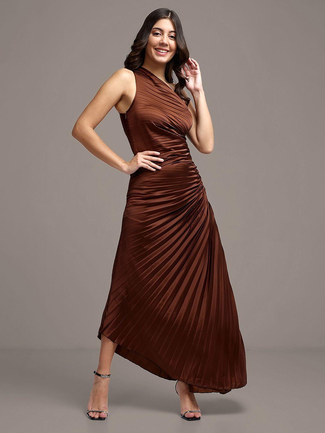 iki chic accordion pleats one-shoulder ruched satin maxi dress