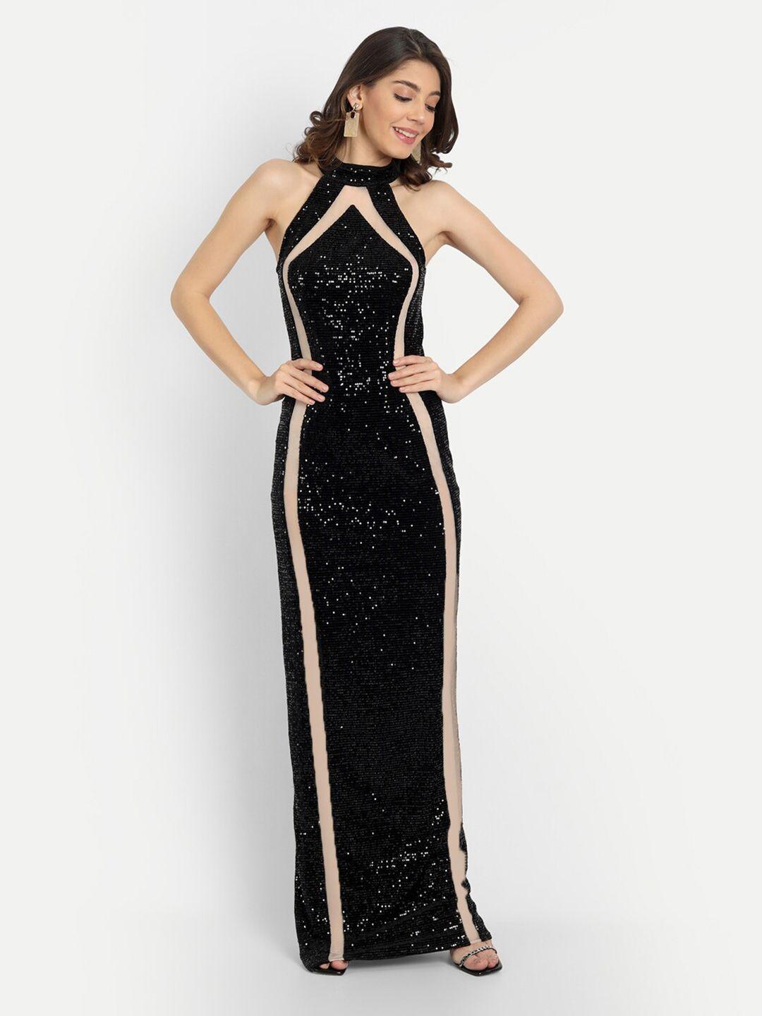 iki chic black embellished halter neck velvet maxi dress