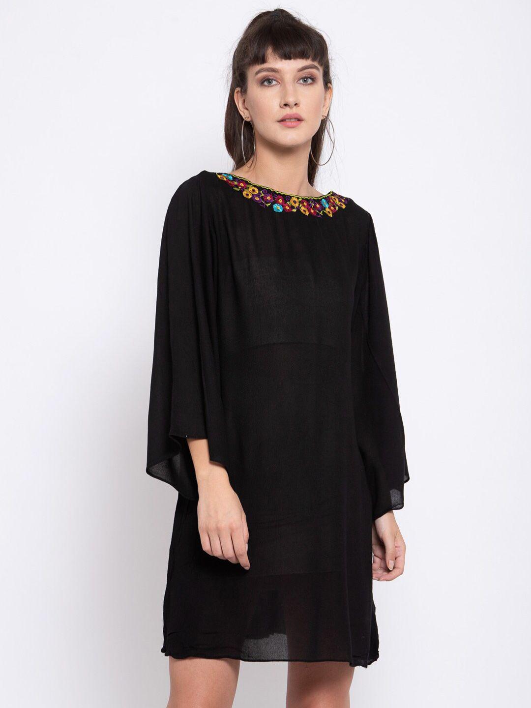 iki chic black ethnic motifs embroidered georgette a-line dress