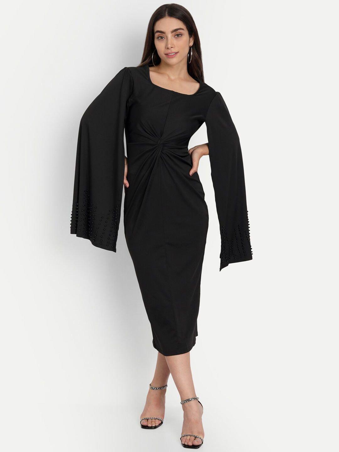 iki chic black solid scuba cape sleeved sheath midi dress