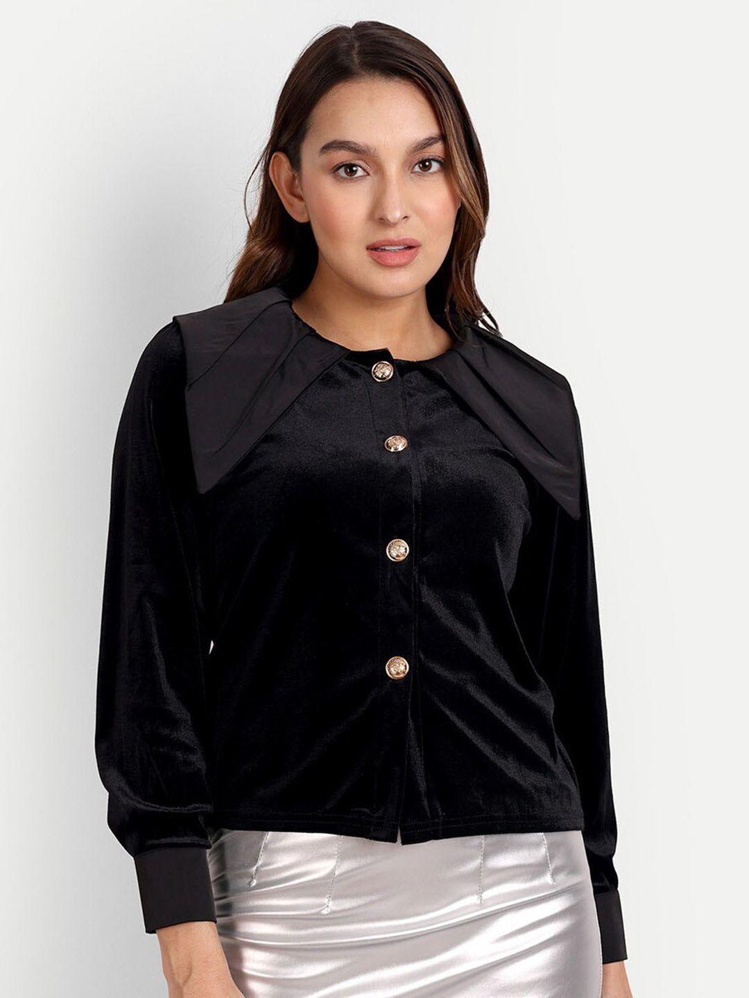 iki chic black studded velvet satin collar & cuffs shirt style top