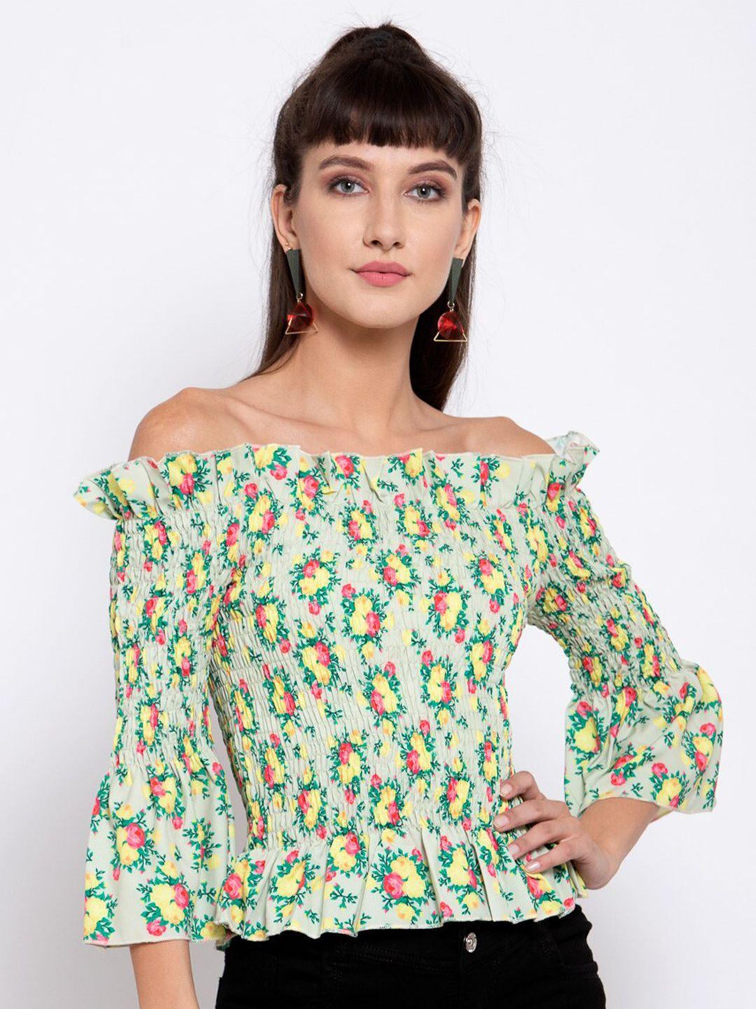 iki chic green & yellow floral off-shoulder smocked bardot top