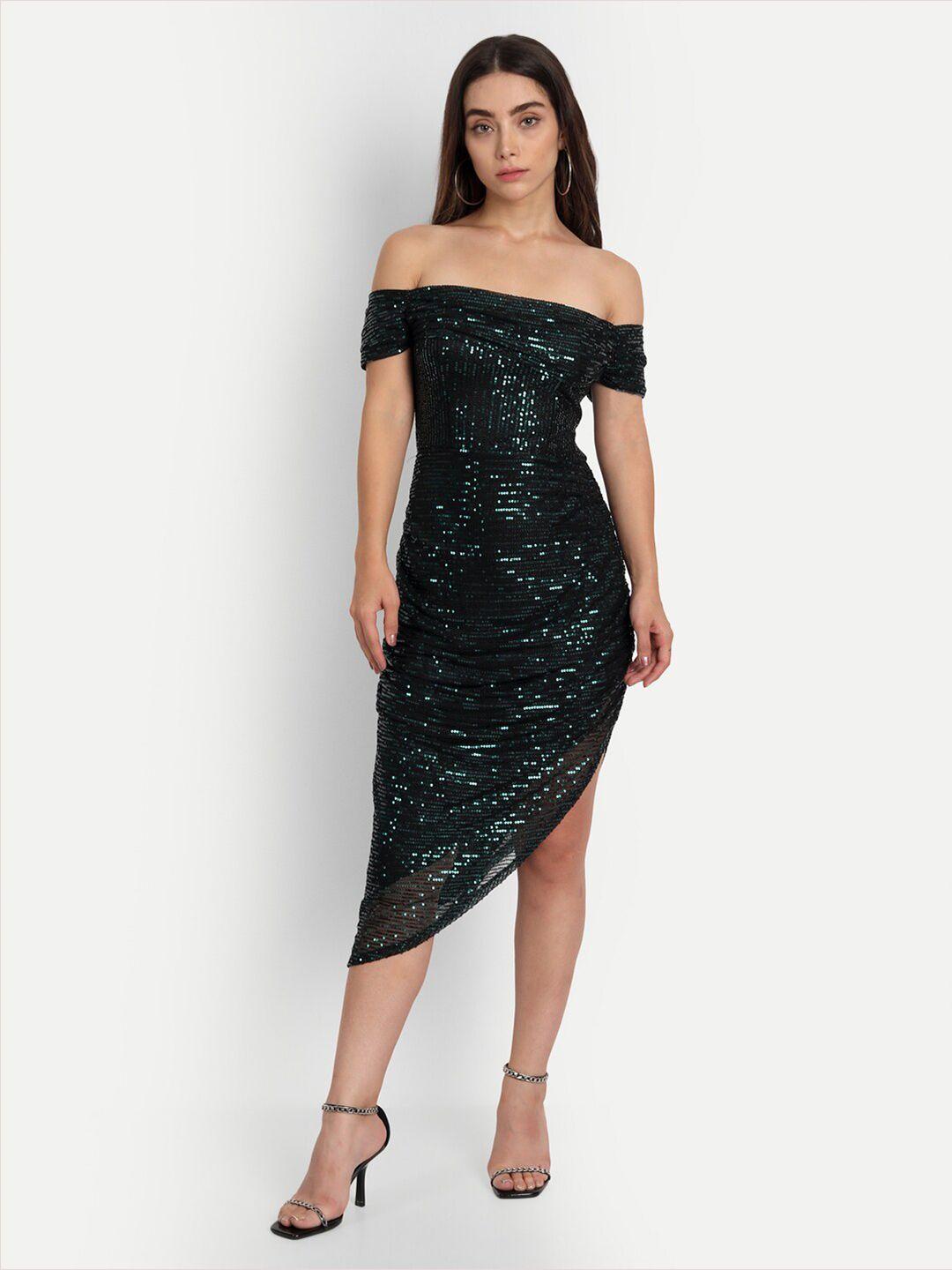 iki chic green embellished off-shoulder bodycon midi dress