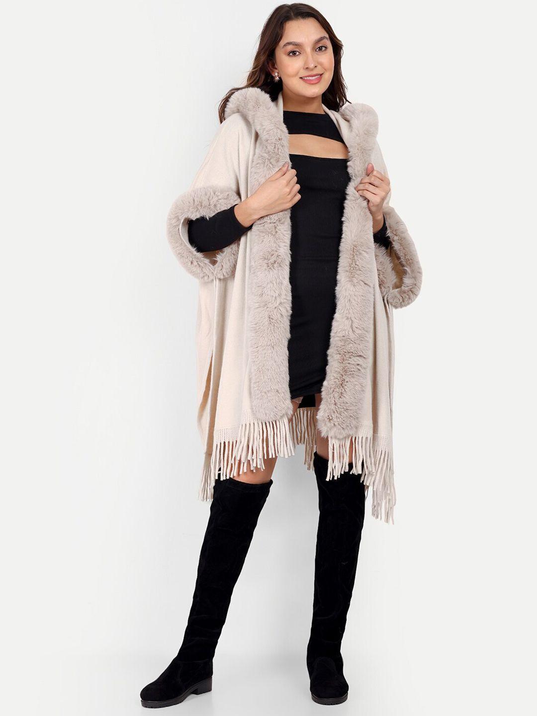 iki chic hooded woolen longline parka jacket with fringes & fur detailing