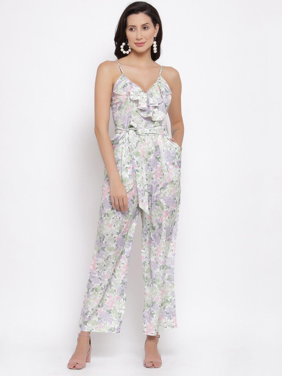 iki chic off white & green printed culotte jumpsuit with ruffles