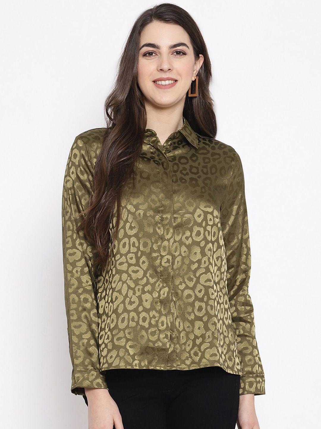 iki chic olive green animal printed sheen shirt style top