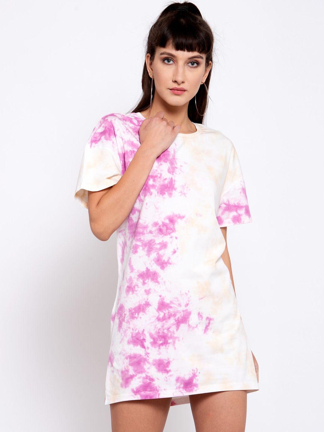 iki chic pink & white tie and dye pure cotton t-shirt mini dress