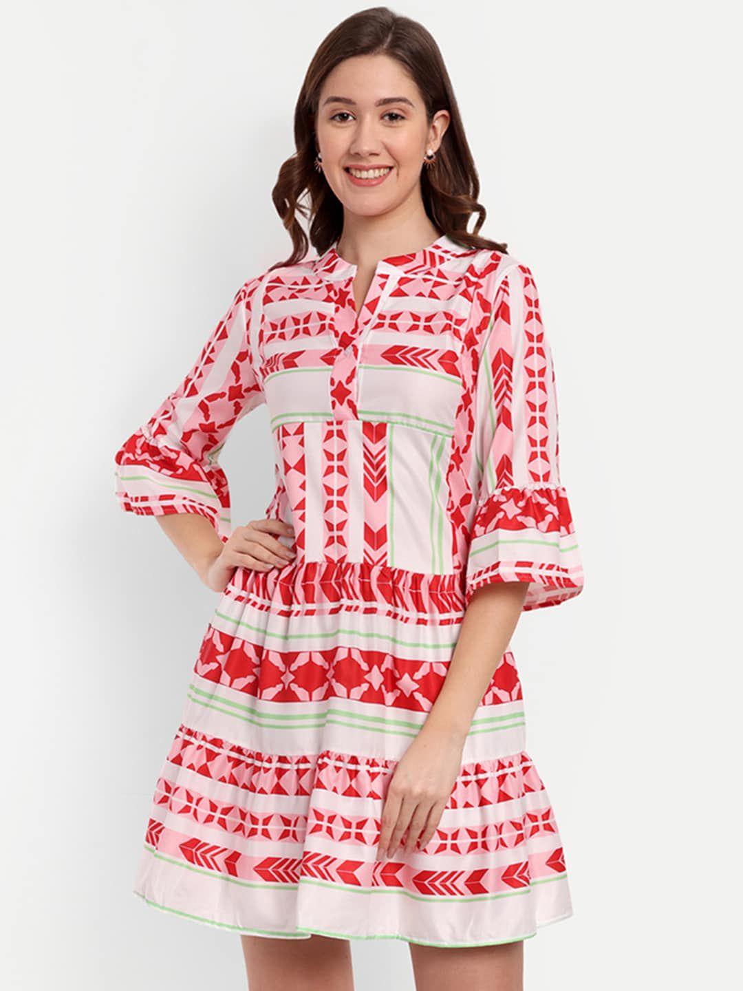 iki chic red geometric printed bell sleeves a-line dress