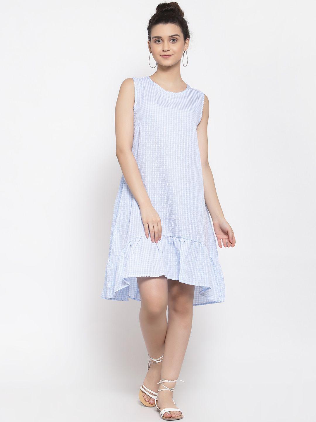 iki chic turquoise blue & white checked sleeveless drop-waist dress