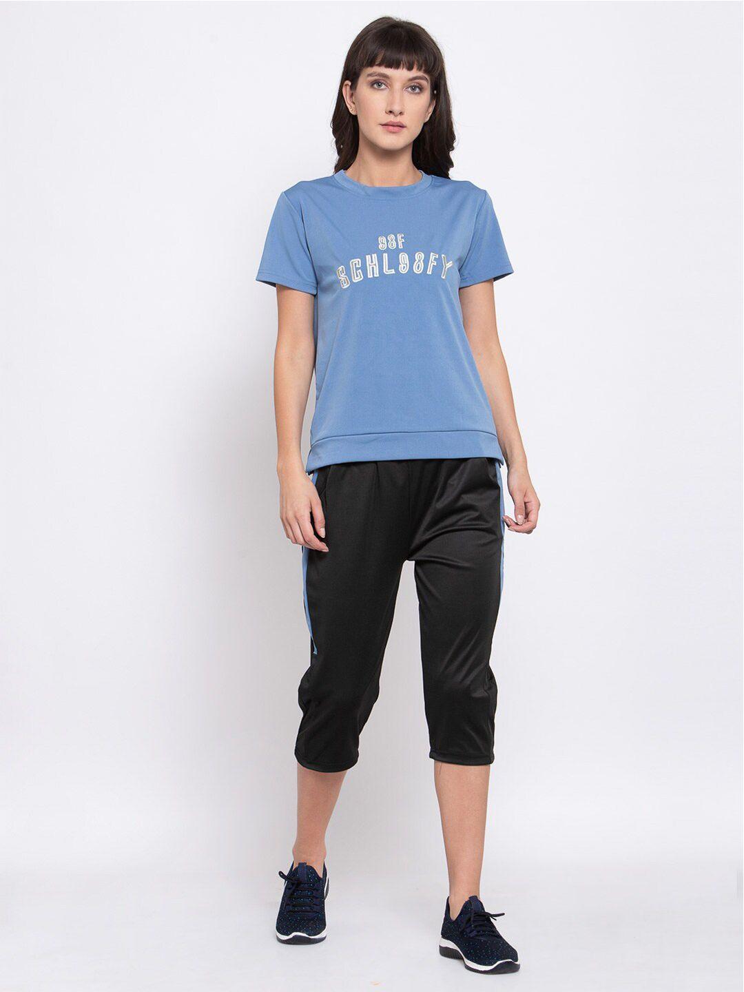 iki chic women blue & black printed t-shirt with capris