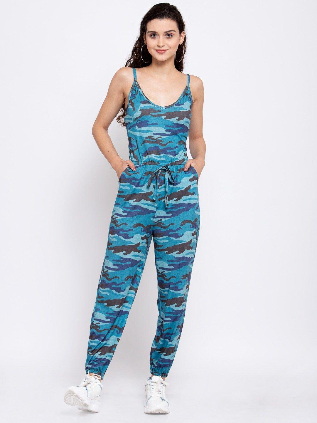 iki chic women blue & grey camouflage printed basic jumpsuit