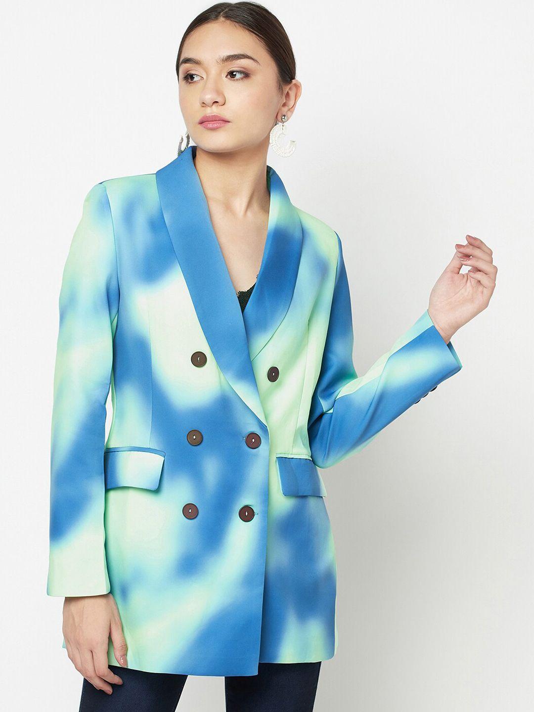 iki chic women blue & off white polyester printed pea coat
