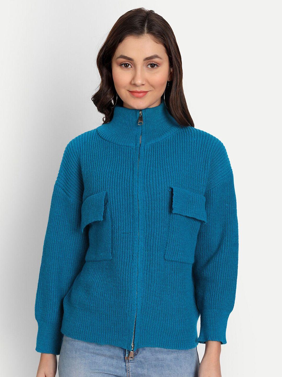 iki chic women blue cable knit zip sweater
