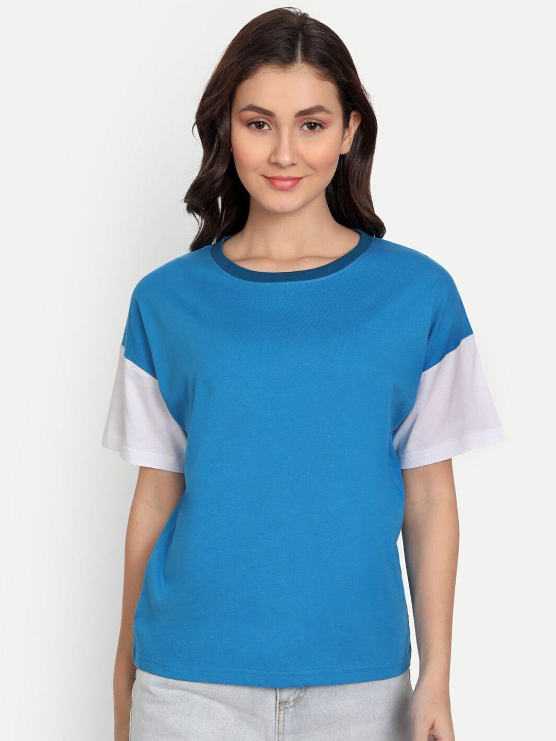 iki chic women blue colourblocked cotton t-shirt
