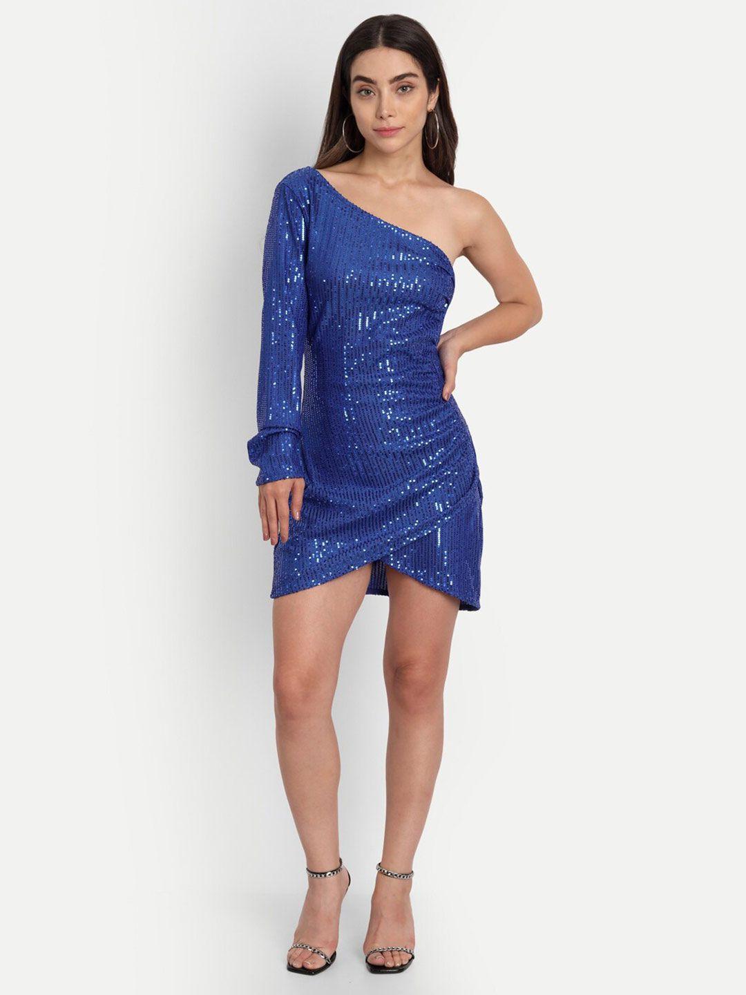 iki chic women blue embellished one shoulder sheath mini dress