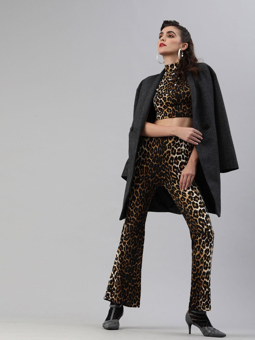 iki chic women brown & black leopard printed crop top with trousers