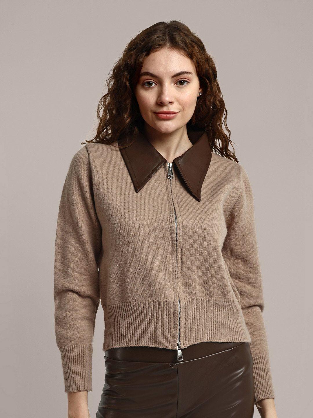iki chic women brown woollen cardigan with zip detail detail