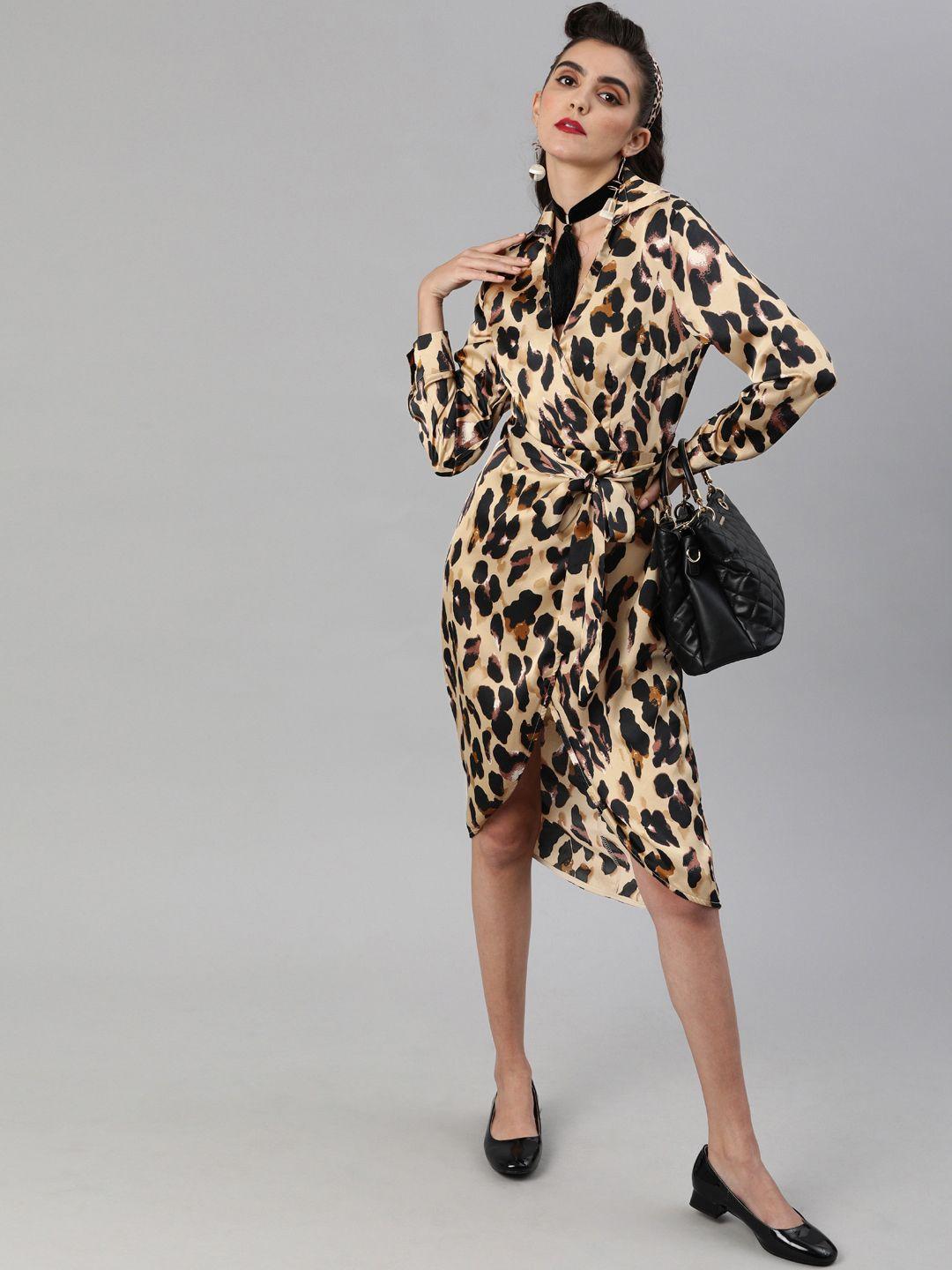 iki chic women gold-coloured & black leopard printed wrap dress