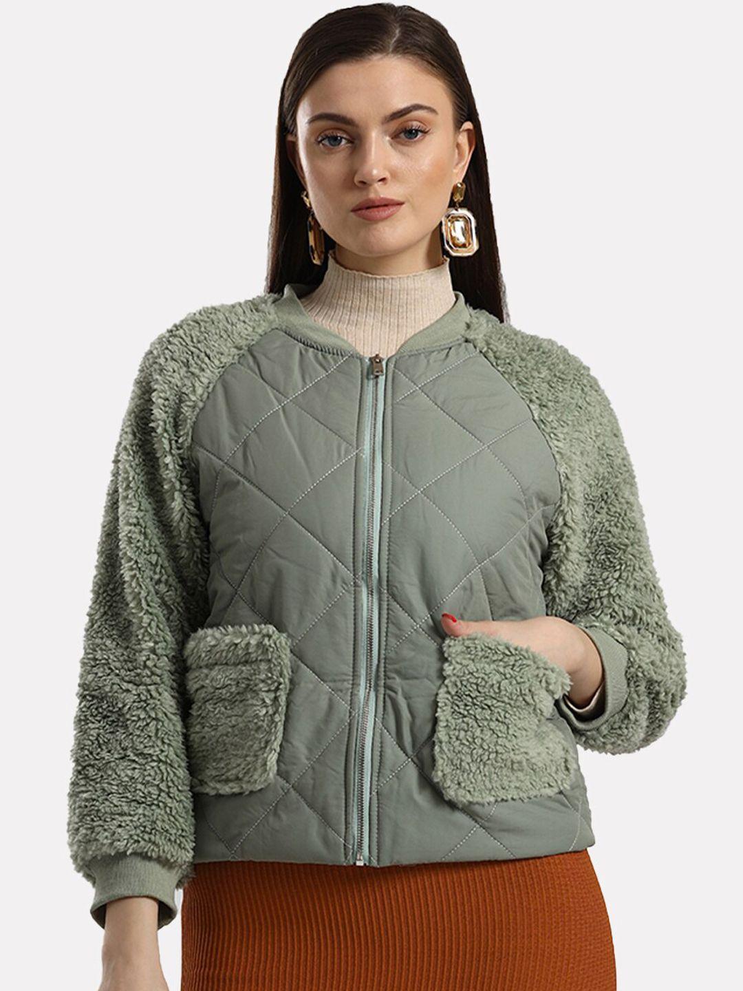 iki chic women green puffer borg zipper jacket