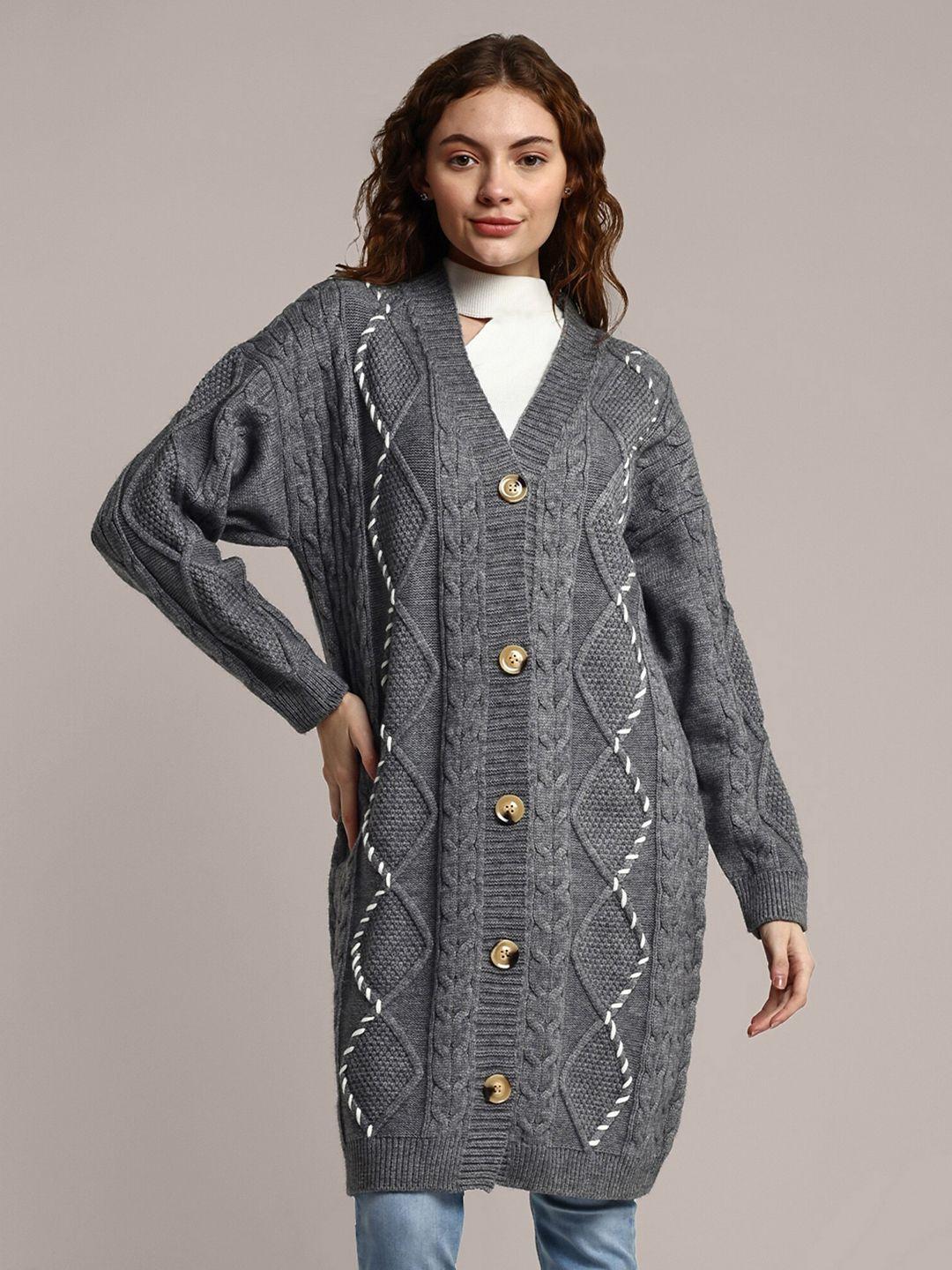 iki chic women grey cable knit woollen longline cardigan