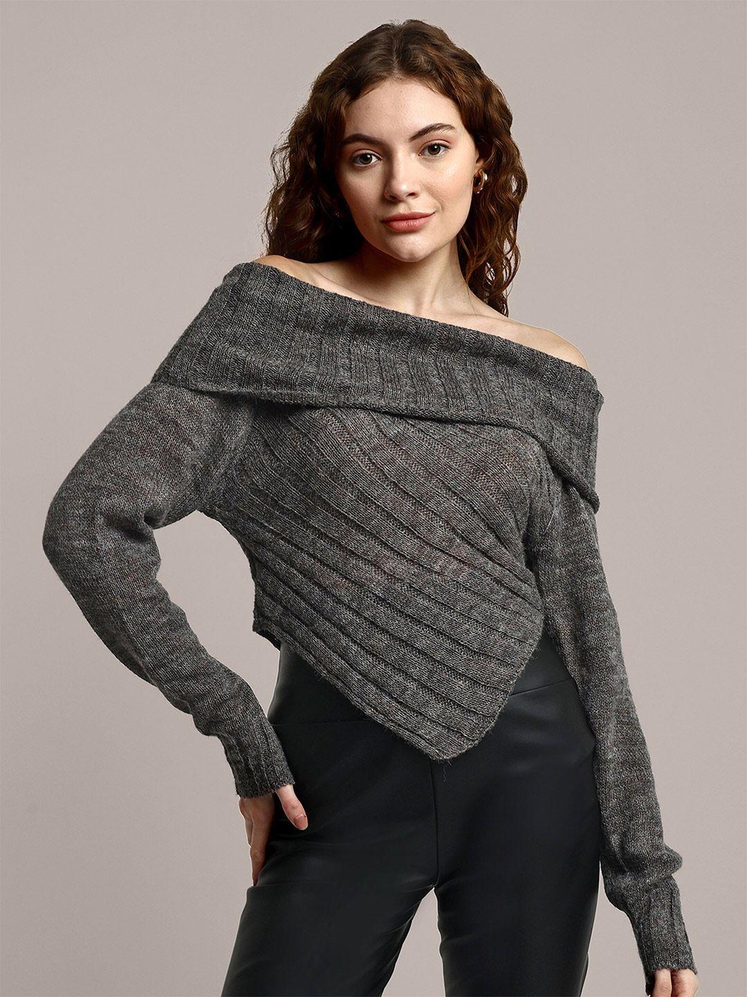 iki chic women grey woollen pullover with fuzzy detail