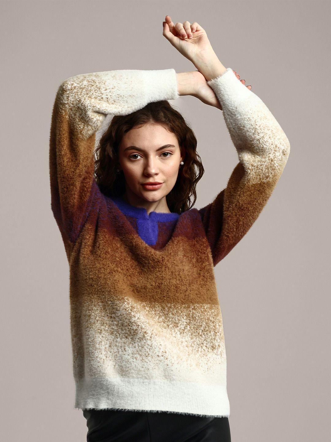 iki chic women multicoloured colourblocked woollen pullover with fuzzy detail