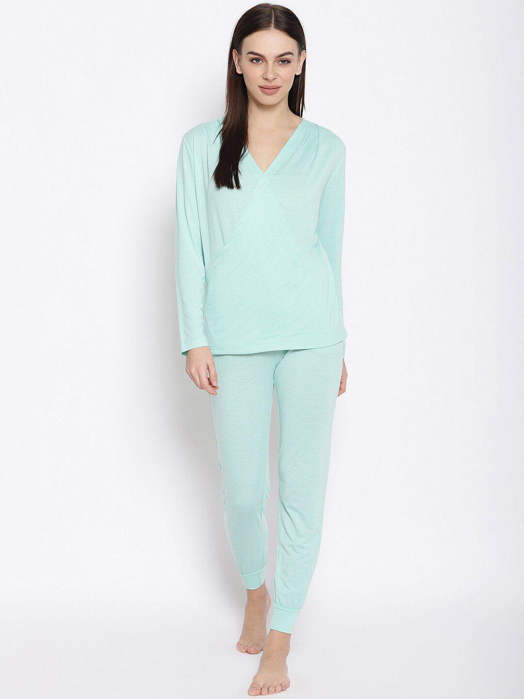 iki chic women sea green solid top with trousers