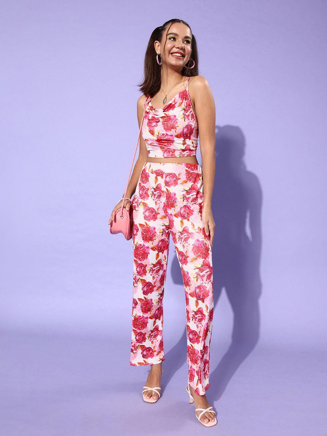 iki chic women stunning pink printed top with trousers