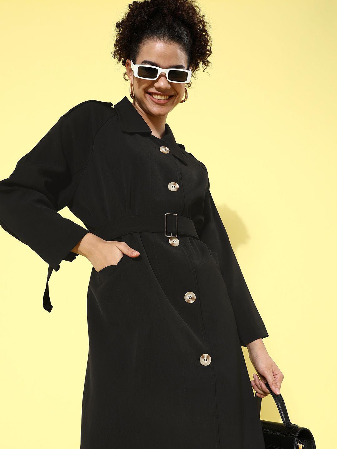 iki chic women stylish black solid trench coat