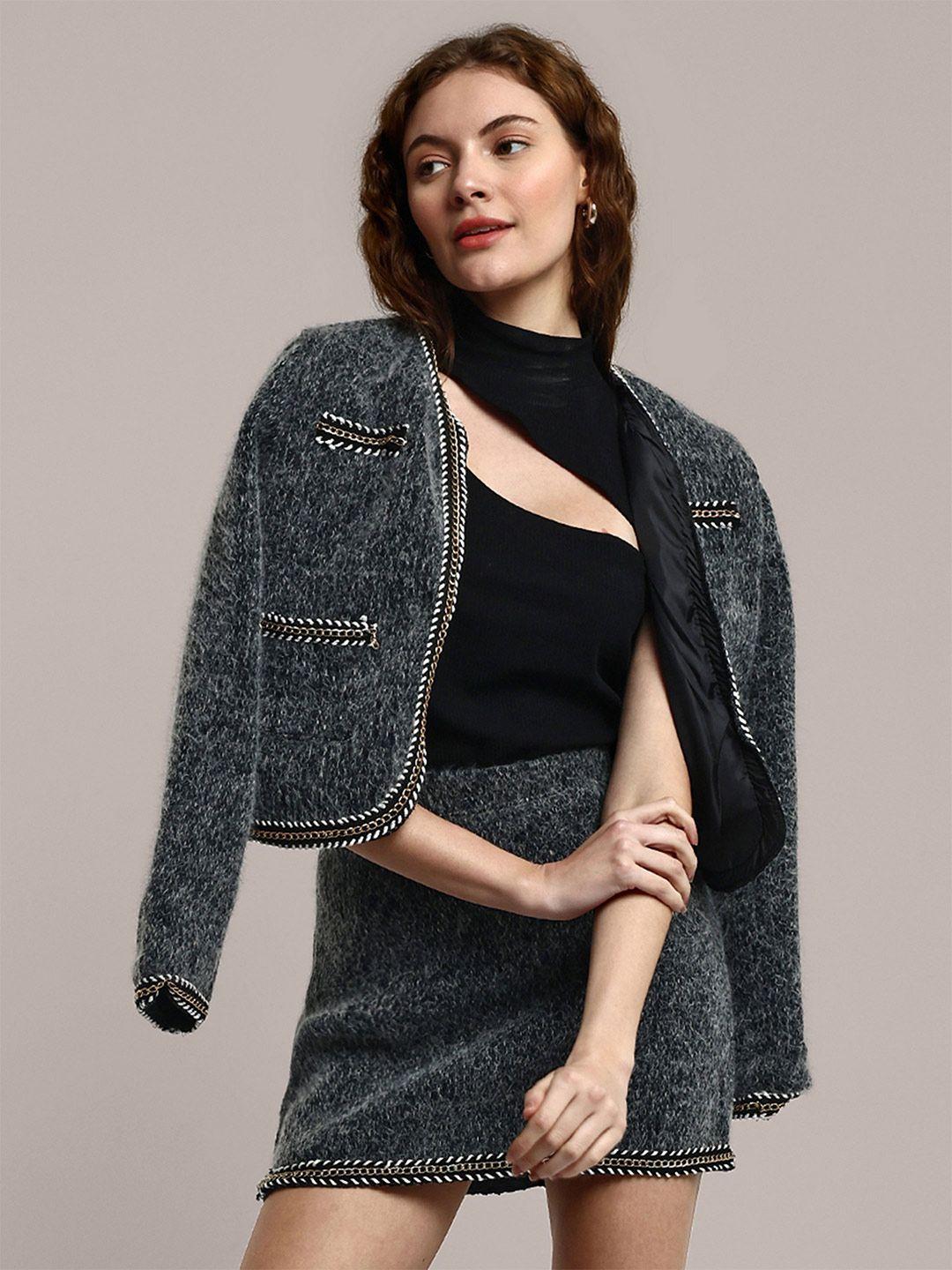iki chic woolen tweed jacket & mini skirt co-ords