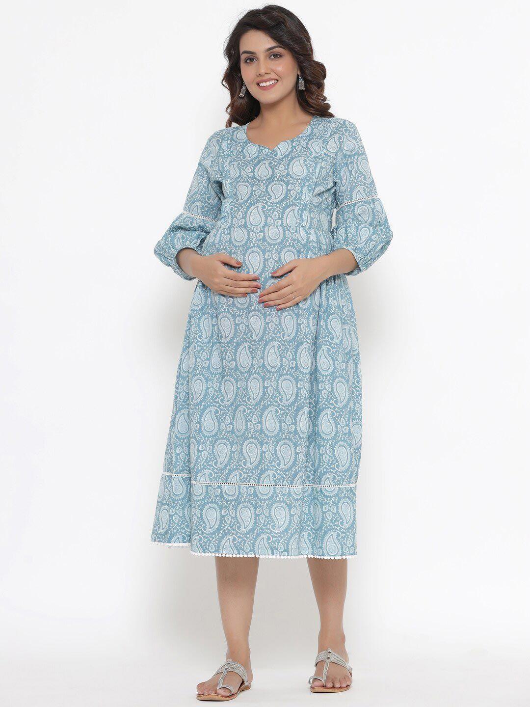 ikk kudi by seerat blue & sky gray floral maternity a-line midi dress