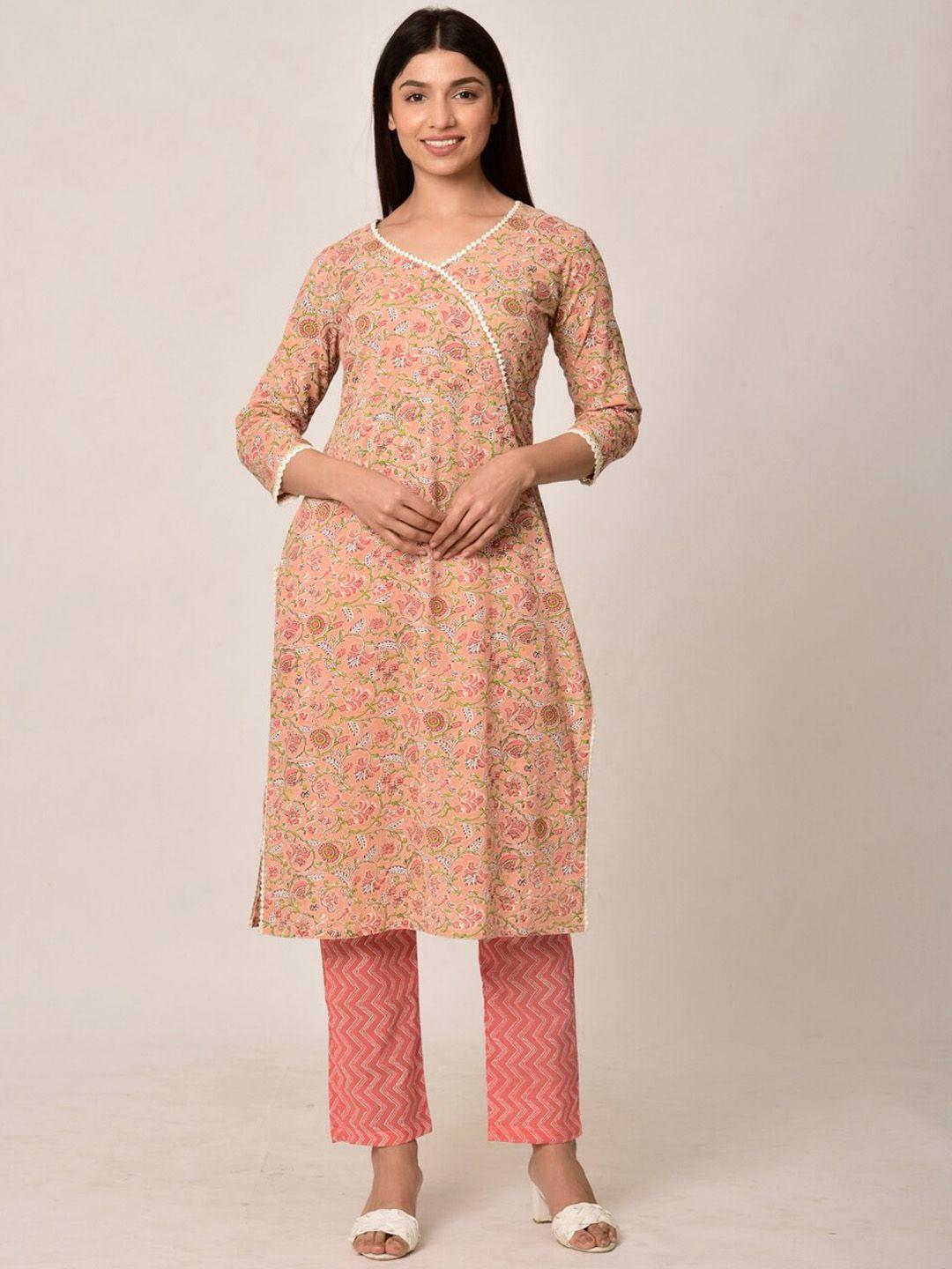 ikk kudi by seerat women peach-coloured printed pure cotton kurta with trousers