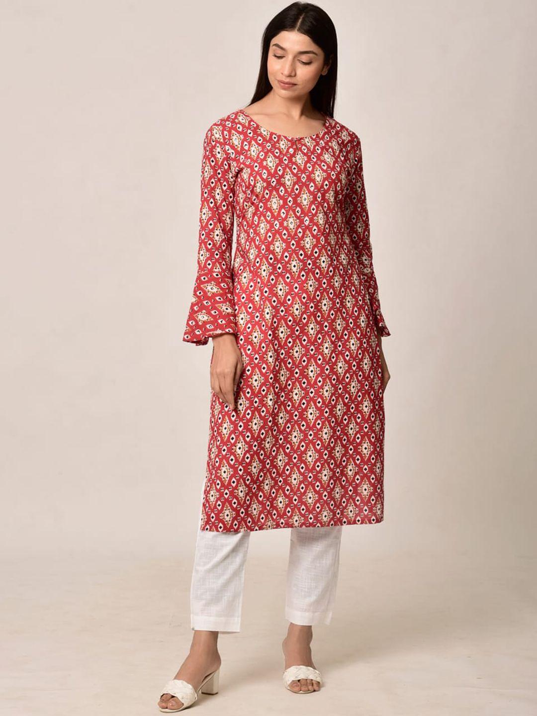 ikk kudi by seerat women red printed pure cotton kurta with trousers