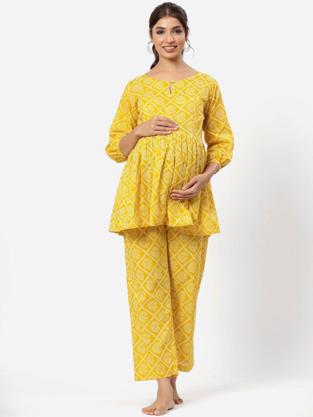 ikk kudi by seerat women yellow printed maternity & nursing cotton night suit