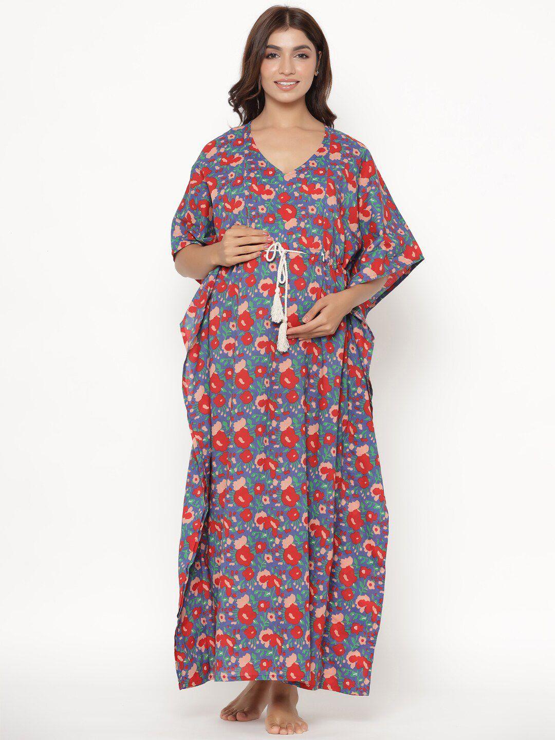 ikk kudi by seerat blue printed pure cotton maternity & nursing kaftan maxi nightdress