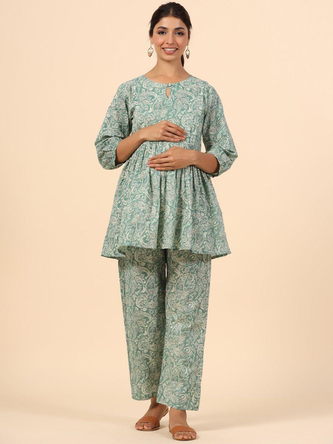 ikk kudi by seerat ethnic motifs printed a-line maternity pure cotton kurti with trousers
