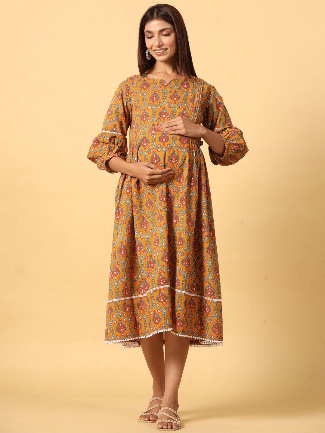 ikk kudi by seerat ethnic motifs printed maternity pure cotton fit & flare dress