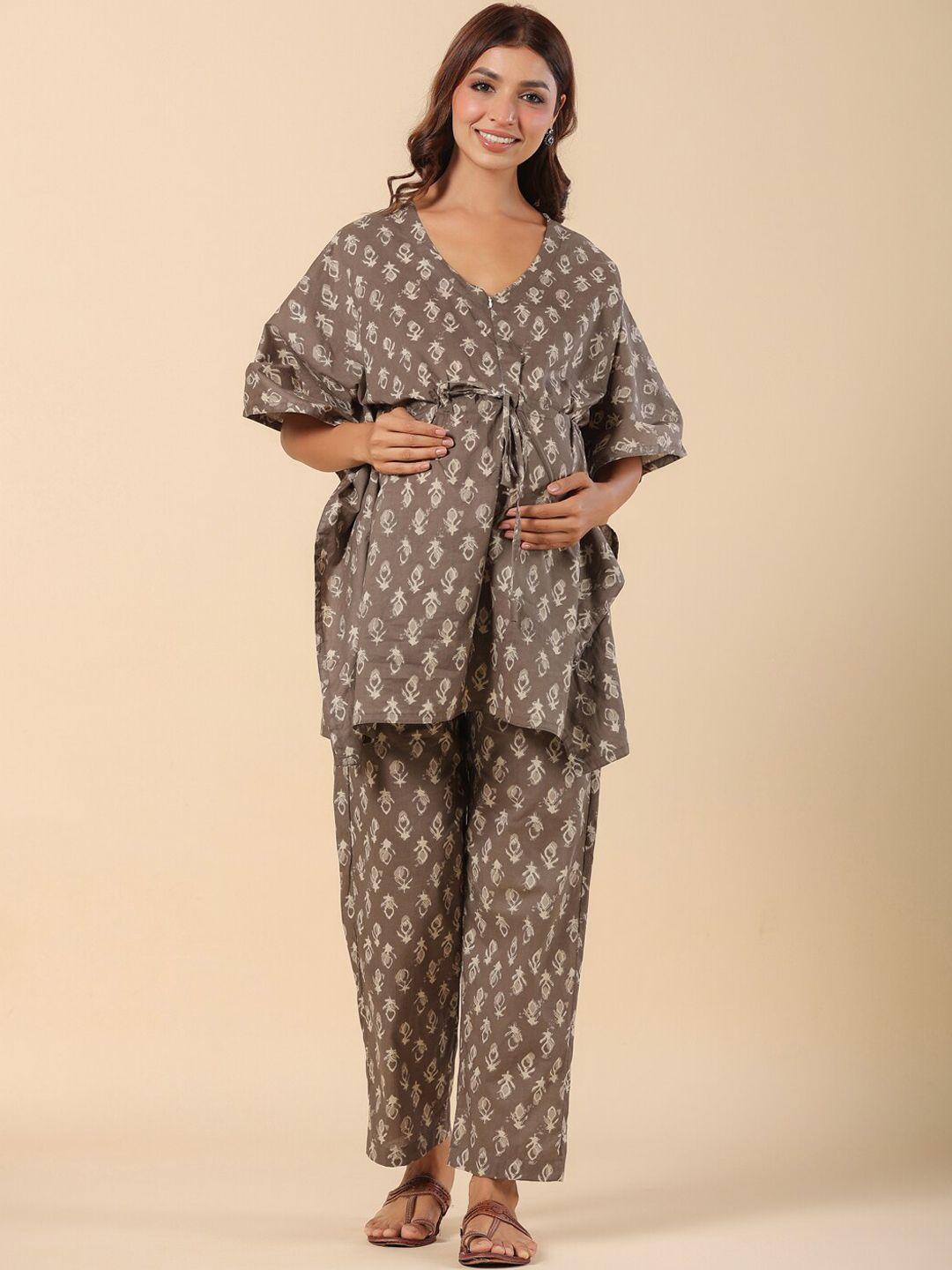 ikk kudi by seerat ethnic motifs printed pure cotton maternity kaftan kurti with trousers