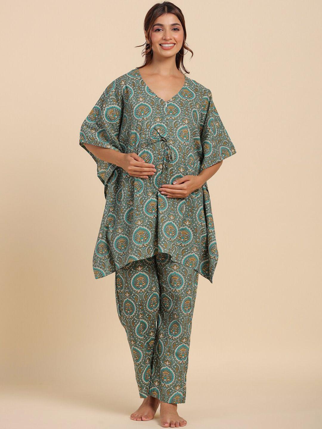 ikk kudi by seerat ethnic motifs printed pure cotton maternity kaftan with pyjamas