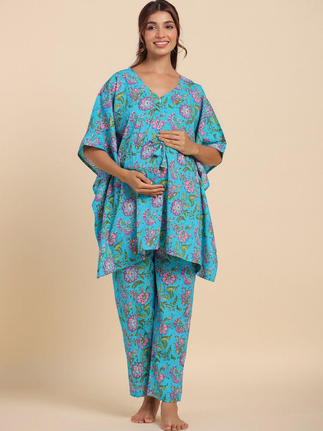 ikk kudi by seerat floral printed pure cotton maternity kaftan & pyjamas
