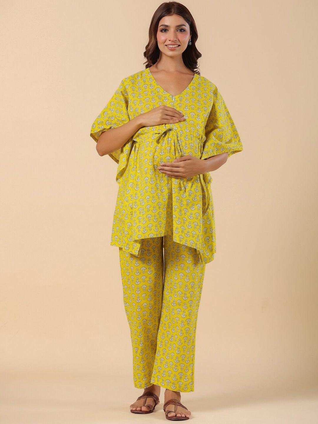 ikk kudi by seerat floral printed pure cotton maternity kaftan kurti with trousers