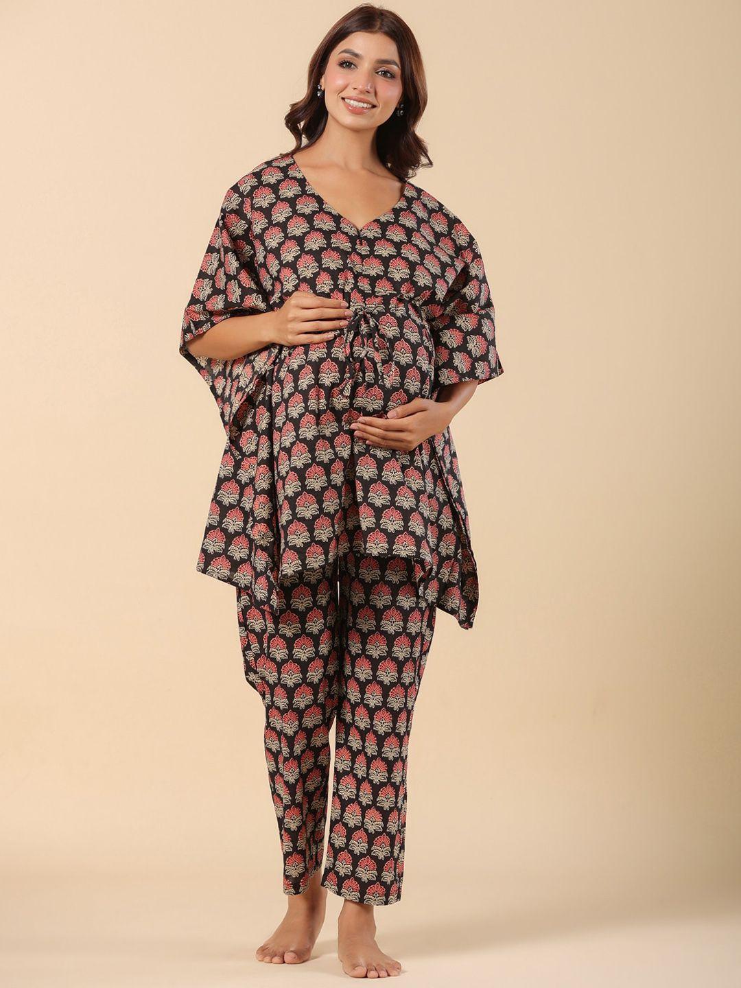ikk kudi by seerat floral printed v-neck pure cotton maternity night suit