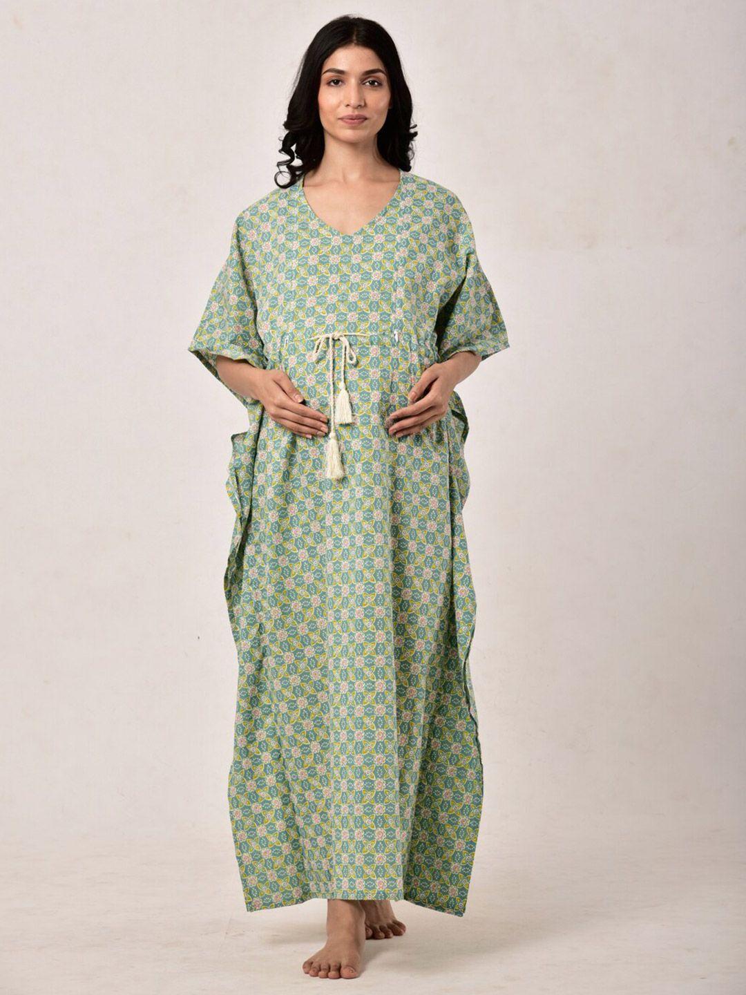 ikk kudi by seerat green printed maternity maxi kaftan nightdress