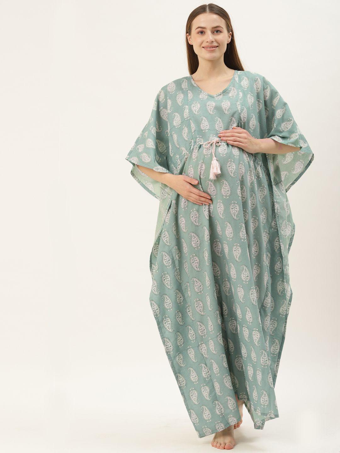 ikk kudi by seerat green printed pure cotton maternity & nursing kaftan maxi nightdress