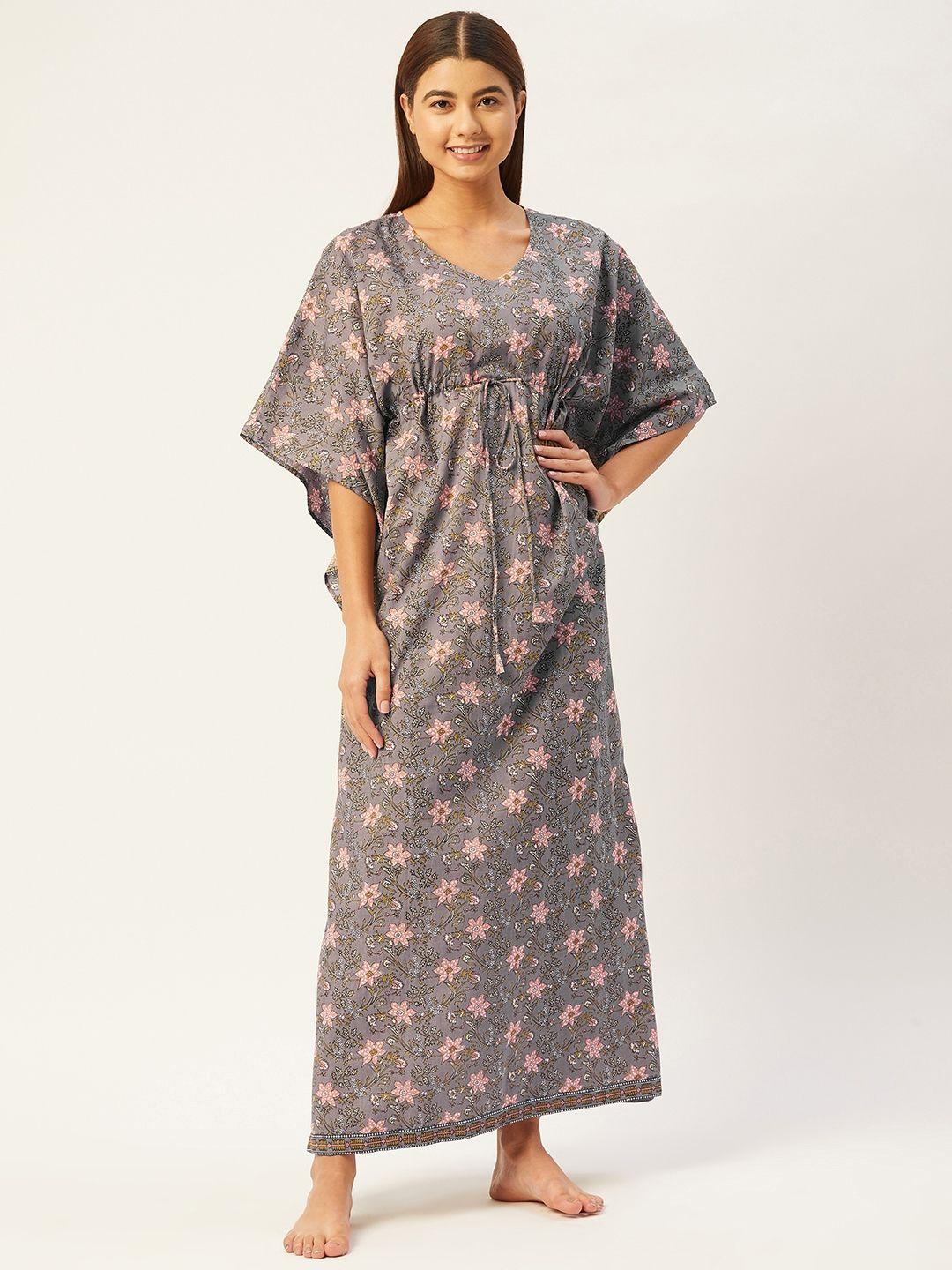ikk kudi by seerat grey printed maxi floral jal cotton kaftan nightdress