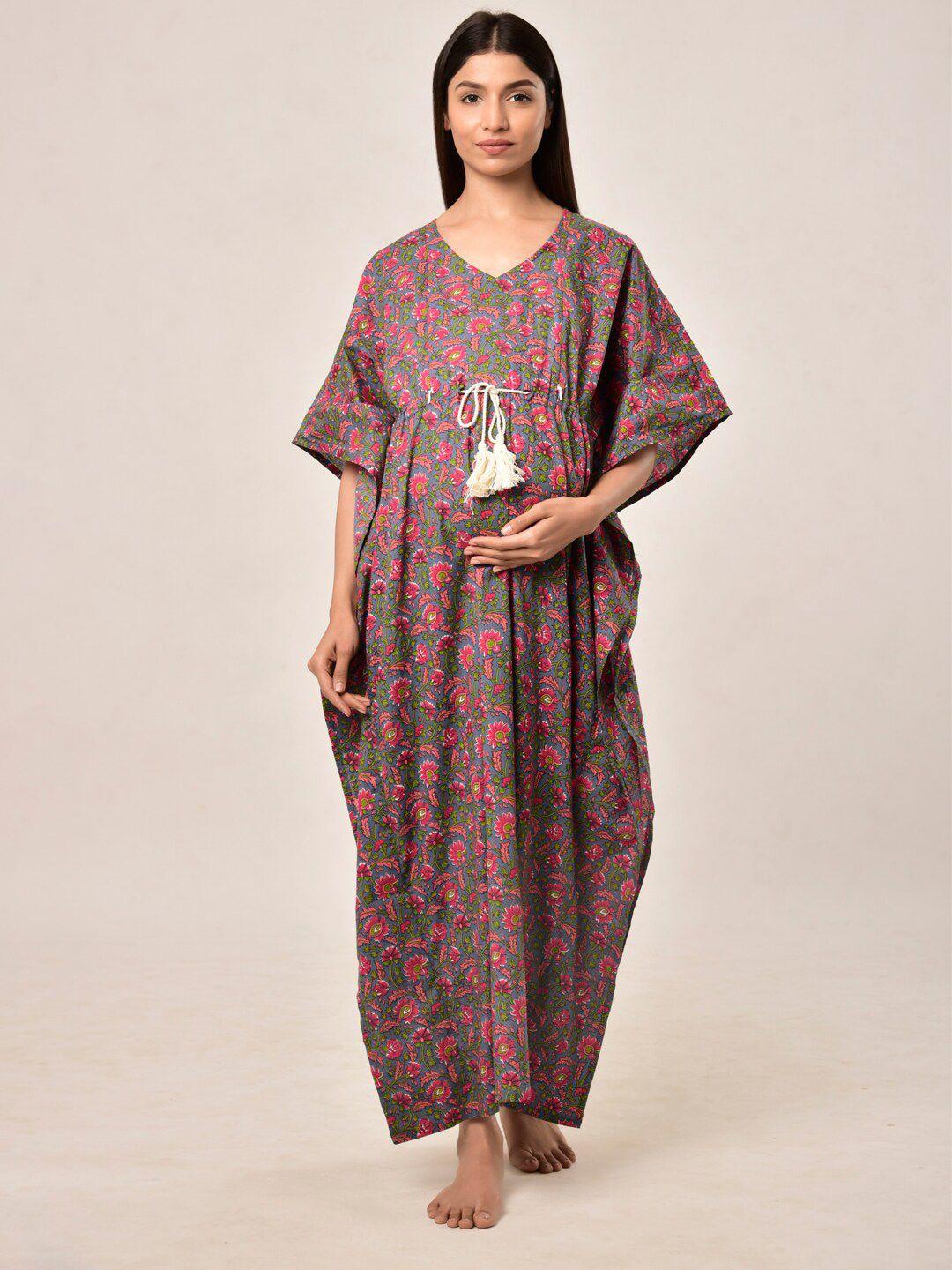 ikk kudi by seerat grey printed pure cotton maternity & nursing kaftan maxi nightdress