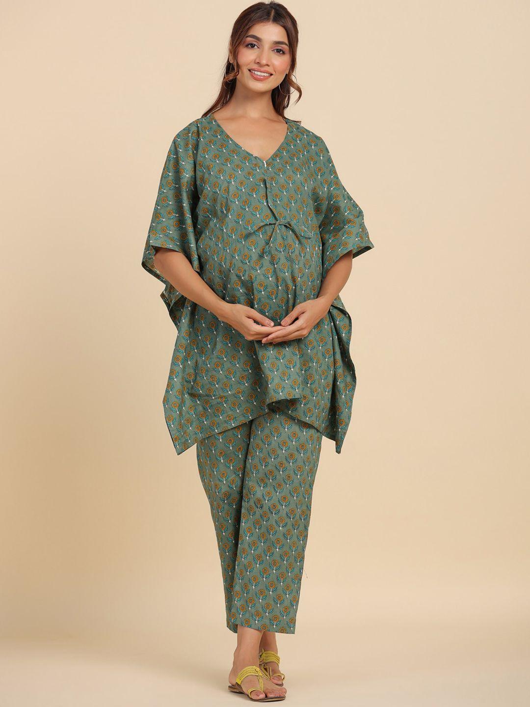 ikk kudi by seerat maternity floral print v-neck flared sleeve kaftan cotton kurta set