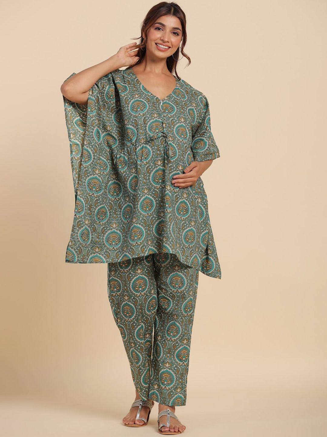 ikk kudi by seerat maternity floral print v-neck flared sleeve kaftan cotton kurta set