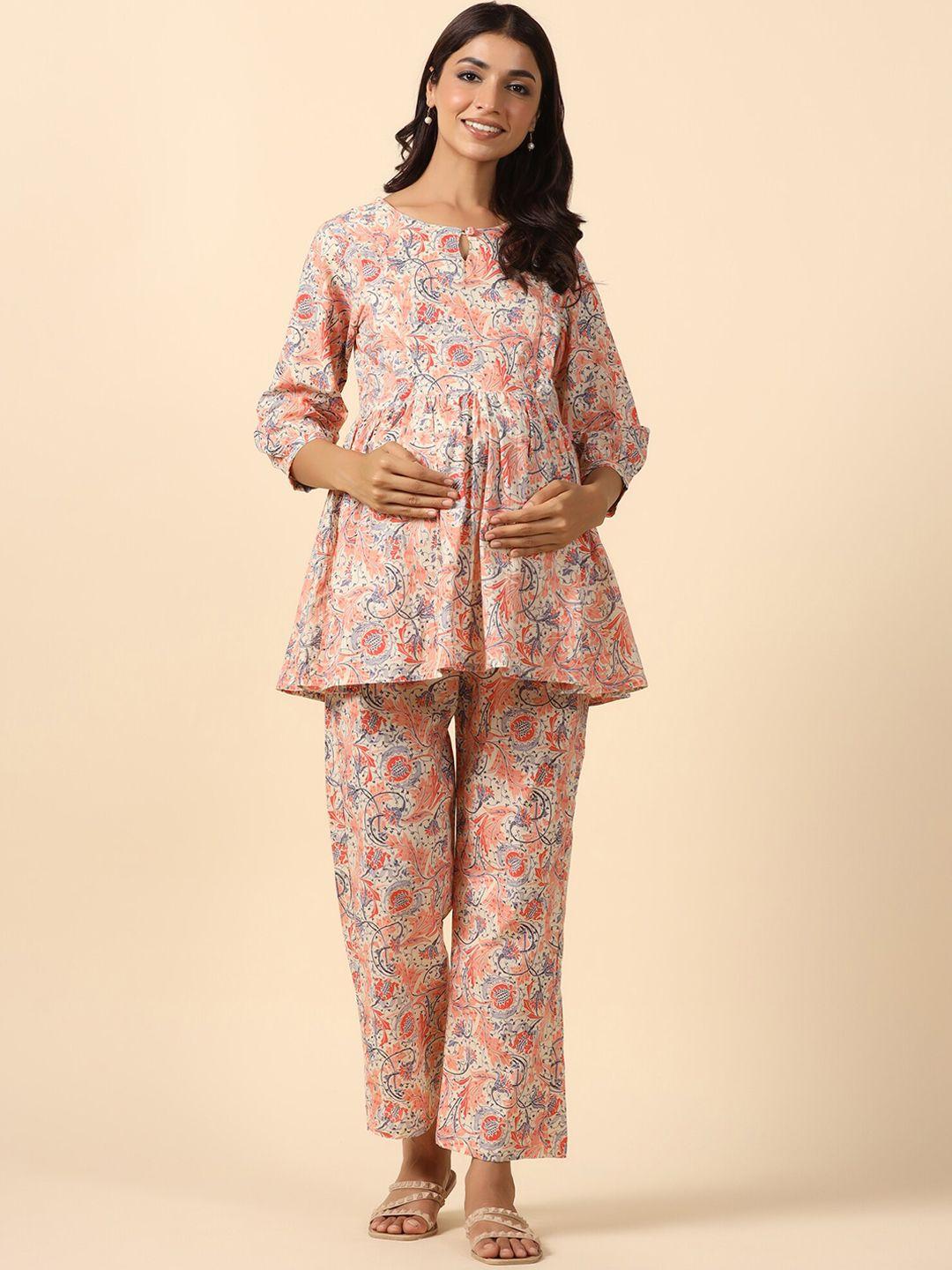 ikk kudi by seerat maternity floral printed a-line pure cotton kurti with trousers